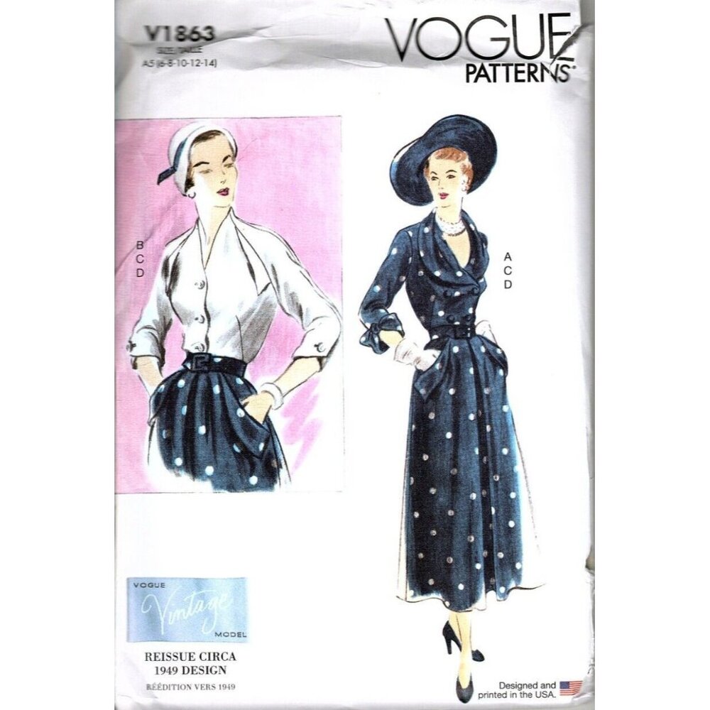Vogue V1863 Misses 6 to 14 Circa 1949 Blouse Top and Skirt UNCUT Sewing Pattern